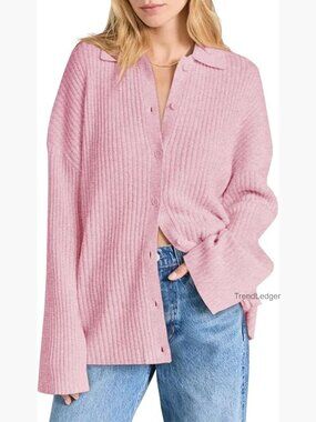 Oversized Ribbed Cardigan Sweater Bell Sleeve Open Front Button Up